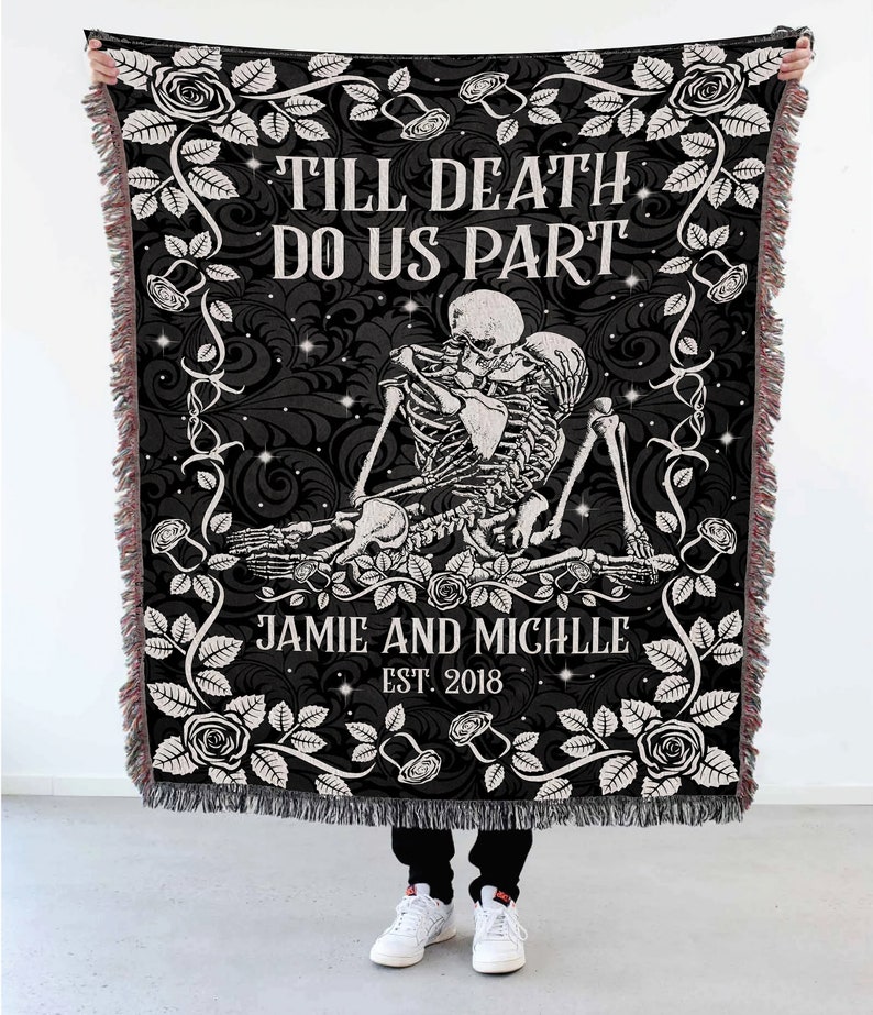 Custom Halloween Wedding Skeleton Woven Blanket, Personalized Woven Fringe Throw, Gothic Till Death Do Us Part Home Decor Tapestry