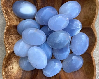 Blissful Blue Chalcedony Palm Stones, Four Sizes