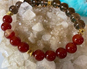 Carnelian and Smoky Quartz Handmade 6.5" Bracelet