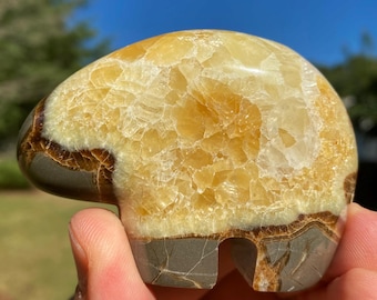 May include: A carved bear figurine made from a light brown and yellow geode with a brown and gray base.