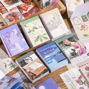 Vintage 50 Seiten Ästhetische Sticker Buch, Washi Junk Journal Ephemera Scrapbook Zubehör Landschaft Botanik Vintage Kompass Karte Sticker YZ02