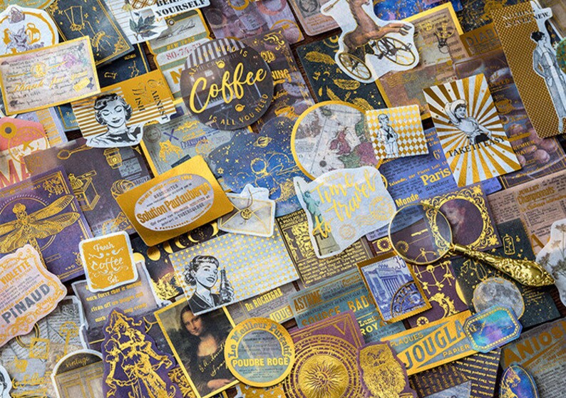 May include: A collection of vintage-style stickers and ephemera in shades of gold, purple, and blue. The stickers feature illustrations, text, and graphics, including a coffee cup, a woman's portrait, and the text "Take it easy".