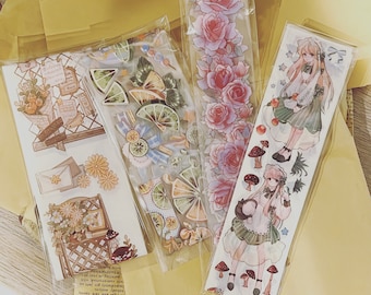 Washi/PET tape Sample, Variety Masking Tape for creative journal and Planner,Junk Journaling, Extra Wide Illustration Decorative Sticker Tap