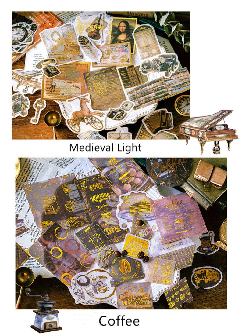 May include: A collection of vintage-style stickers with a medieval and coffee theme. The stickers feature illustrations of clocks, keys, the Mona Lisa, coffee cups, and text like "Good Morning" and "Welcome Coffee".