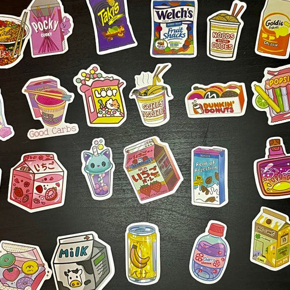 50pcs Kawaii Food Stickers for Kids Teens Adults, Cute Snack Stickers Decals for Journaling and Scrapbooking, Waterproof Vinyl Stickers for Laptop