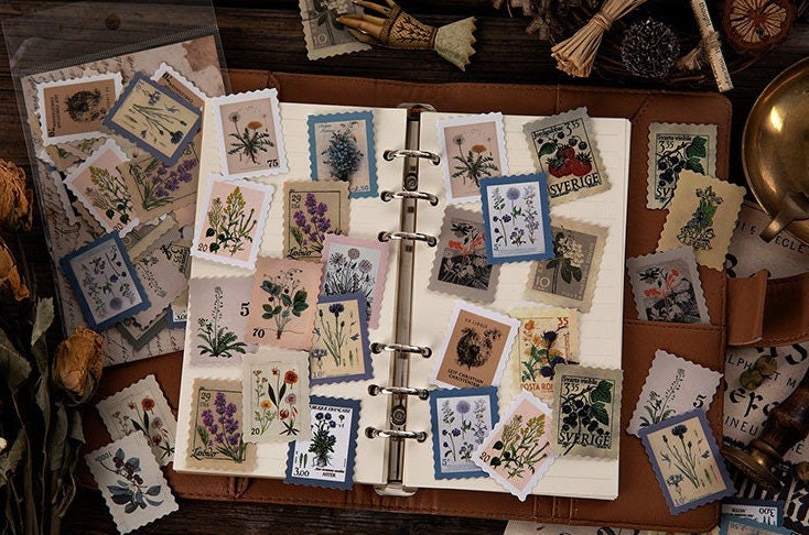 VEINARDYL 432 Vintage Postzegelstickers - 8 Retro Stijlen Esthetisch Botanisch Plakboek Papier Voor Journaling, Dagboek & DIY Kunst