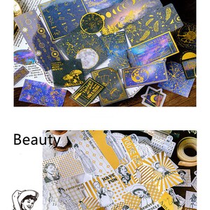 May include: A collection of decorative stickers with celestial and vintage themes. The "Universe Mystery" stickers feature gold accents on a dark blue background with moons, stars, and constellations. The "Beauty" stickers have a vintage aesthetic with gold and white designs.