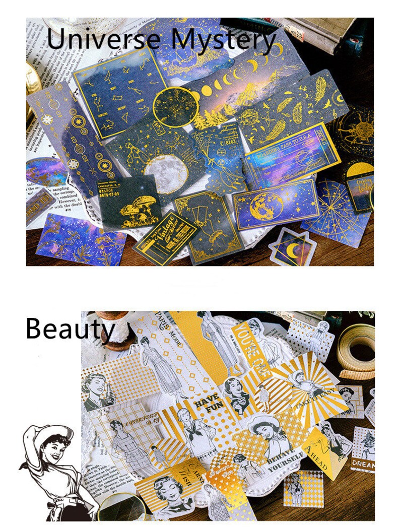 May include: A collection of decorative stickers with celestial and vintage themes. The "Universe Mystery" stickers feature gold accents on a dark blue background with moons, stars, and constellations. The "Beauty" stickers have a vintage aesthetic with gold and white designs.