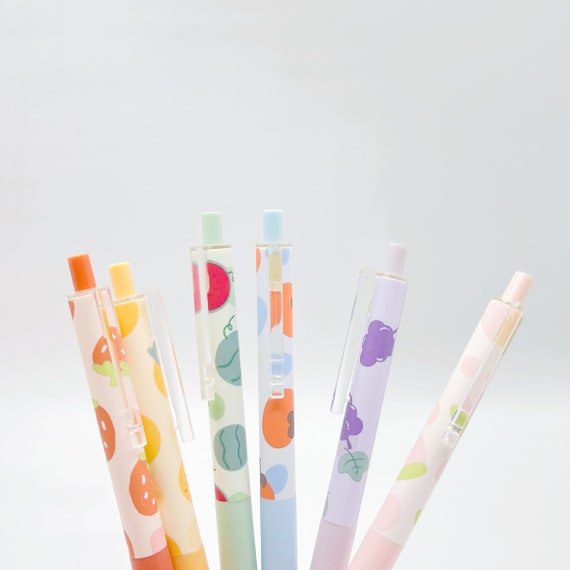 JiWuShe Set of 6 Fruit Print Gel pens 0.5mm Black Ink, aesthetic gel pen, aesthetic stationery, cute gel pen, cute stationery,Retractable
