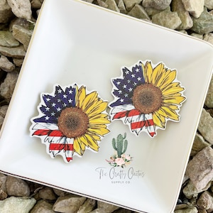 2.25” 2 pc. Sunflower Flag Stained Wood Earrings, #7 wood findings, wood blank, earring making, wooden earrings, Fourth of July