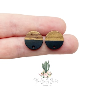15mm 6pcs Black Circle Wood Earring Stud Post Connectors, #220 earring findings, earring making, wood findings, earring studs