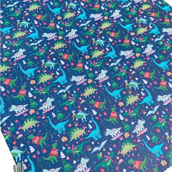 Christmas Dinosaurs Premium Faux Leather Sheet felt backing, smooth faux leather, vegan leather, faux leather, bow making,earring making