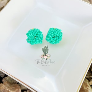 20mm 2pc Teal Braided Seed Beaded Stud Earring WITH POST Connector, #288 earring making, beaded studs, seed beaded studs, Pom Pom earrings