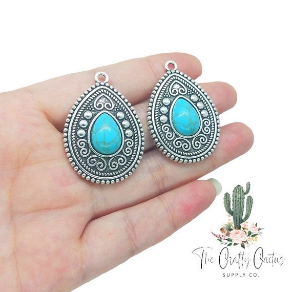 2pcs Western Turquoise Antique Silver Charm Medallions, Boho Charms, Jewelry Making, Earring Charms, Western Charms, Earring Making