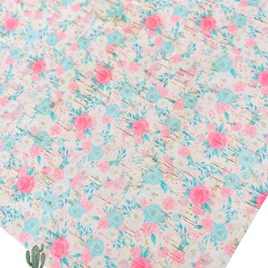 4”x6” Pink Teal Spring Floral Cork backed Leather Sheets, genuine leather, cowhide leather, cork on leather, Spring leather, spring flowers