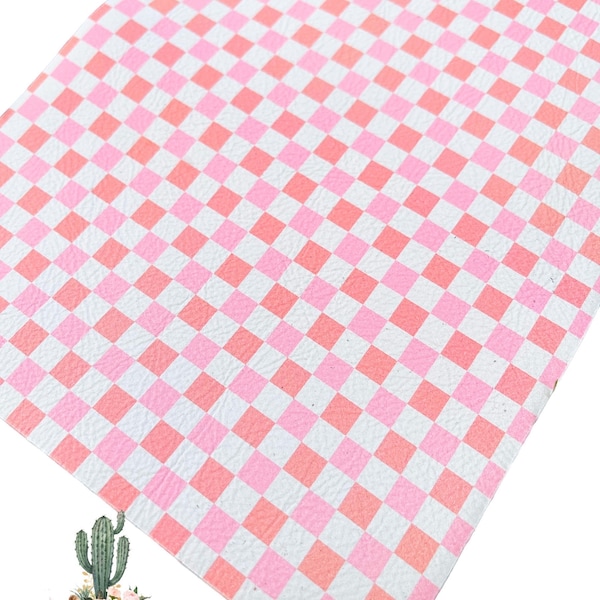 4”x6” Pink Coral Checkered Print on Cowhide Leather Sheets, genuine leather, cowhide leather, checkered leather, cowhide leather, checkers