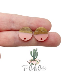 15mm 6pcs Peachy Pink Circle Wood Earring Stud Post Connectors, #219 earring findings, earring making, wood findings, earring studs