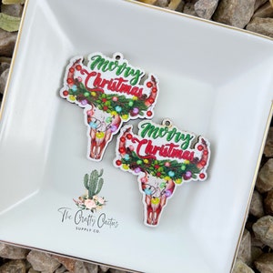 2.16” 2 pc. Christmas Cow Skull Printed Wood Earrings, wood findings, wood blank, earring making, wooden earrings