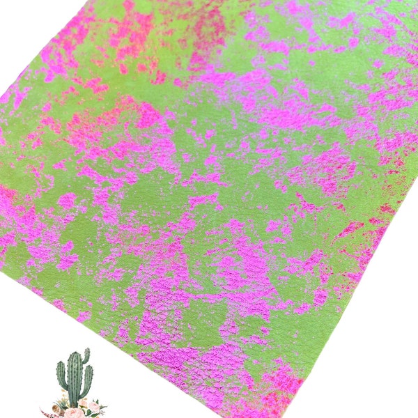 8”x10” Pink Metallic on Lime Green Buttercream Nubuck Leather Sheets, genuine leather, cowhide leather, metallic leather