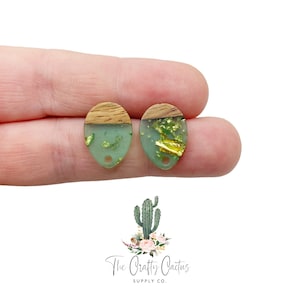 17mm 6pcs Mint Gold Flake Teardrop Wood Earring Stud Post Connectors, #221 earring findings, earring making, wood findings, earring studs