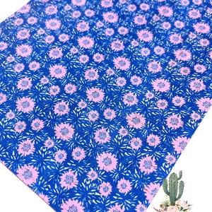 4”x6” Blue with Pink Floral Cork backed Leather Sheets, genuine leather, cowhide leather, cork on leather, cork with cowhide leather back