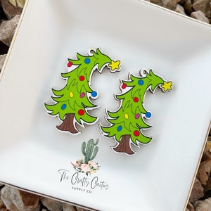 2.16” 2 pc. Curved Christmas Tree Stained Wood Earrings, # wood findings, wood blank, earring making, wooden earrings
