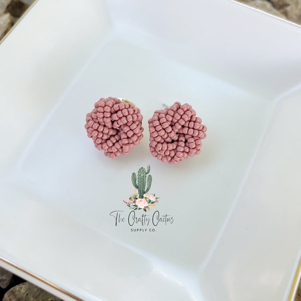 20mm 2pc Dusty Rose Braided Seed Beaded Stud Earring WITH POST Connector, #286 earring making, beaded studs, seed beaded studs, Pom Pom