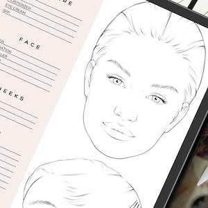 May include: A digital tablet displaying a makeup face chart with a detailed outline of a face. The chart includes sections for face, cheeks, and eyes, with product categories listed. A white stylus is visible.