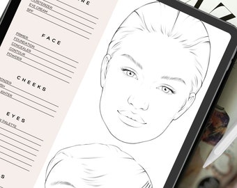 May include: A digital tablet displaying a makeup face chart with a detailed outline of a face. The chart includes sections for face, cheeks, and eyes, with product categories listed. A white stylus is visible.