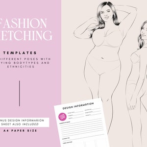 以下が含まれることがあります： 「FASHION SKETCHING」と「TEMPLATES」の文字が入ったファッションスケッチテンプレート。2人の女性のスケッチとデザイン情報シートが含まれています。テンプレートは、さまざまな体型と民族性を持つ20種類のポーズを提供します。A4用紙サイズ。
