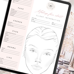 MUA Kunden Make Up Beratung Gesichtstabelle | Make Up Artist bearbeitbare Vorlage | 1 Diagramm + 3 Gesicht Variationen | Canva und Procreate A4 HOCHFORMAT