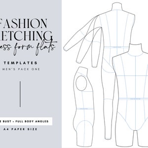 Modelli piatti per schizzi di moda maschile / Angoli anteriori, posteriori e di profilo / Pose multiple + opzioni per corpo intero o busto