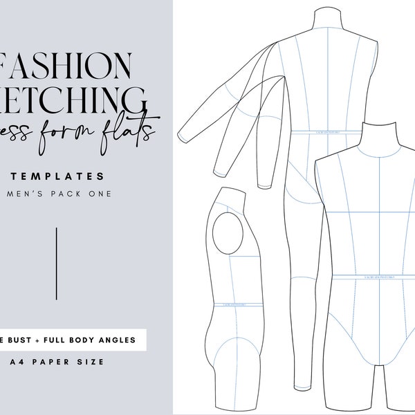 Men’s fashion sketching dress form flat templates | Front, back & profile angles | Multiple poses + full body or bust options