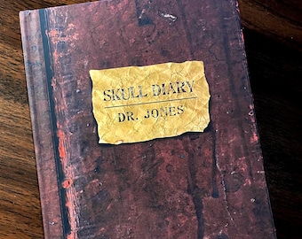 May include: A brown leather-bound journal with a gold label that reads "SKULL DIARY DR. JONES".