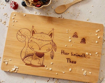 Tabla de desayuno para niños, grabado personalizado, tabla de madera con grabado, regalo de Navidad, regalo de bebé, zorro