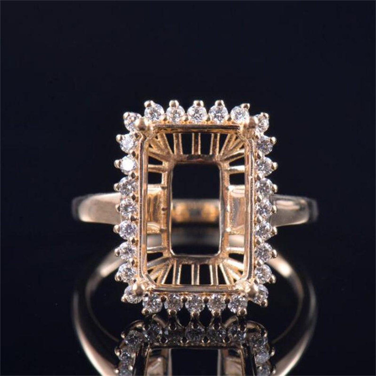 Rare Solitaire Semi Mount Ring: Emerald Cut 13x9mm, 925 Sterling Silver Moissanite accented.