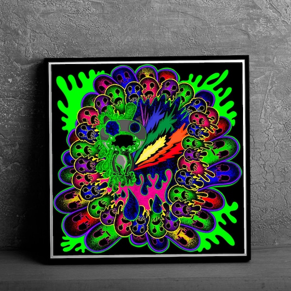 Neon Fuchs mit Regenbogen Schwanz, mit Geistern und Farbklecksen, Set aus 4, sofort herunterladen, digitale Malerei, Wanddekoration,