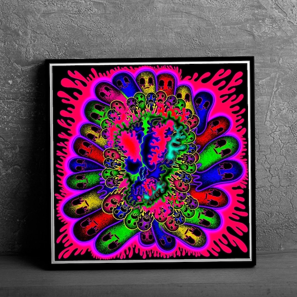 Schmelzender Totenkopf, mit Geist, mit Farbklecksen, Neon Farben, Regenbogenfarben, Pop Art, digitale Kunst, Set aus 4, sofort herunterladen