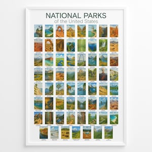 Nationalparks der USA Poster, 63 US Parks illustrierte Wandkunst, Aquarell Karte Druck für Naturliebhaber & Reisende