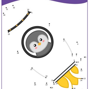 May include: A connect-the-dots activity for kids featuring a penguin with a yellow fish. The numbers 1 through 33 are scattered around the image, and the lines connecting the dots are partially drawn.