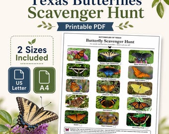 Texas Butterflies Scavenger Hunt — Printable Activity Sheet, 15 Butterflies, US Letter + A4, PDF