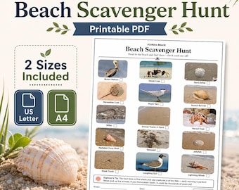 Florida Beach Scavenger Hunt — Printable Activity Sheet, 15 Coastal Finds, US Letter + A4, PDF