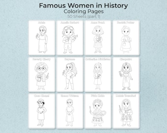 50 Dibujos para Colorear de Mujeres Famosas, PDF Imprimible, Historia para Niños, Aula y Educación en Casa