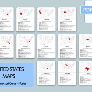 50 VEREINIGTE STAATEN-Karten, 150 Montessori-Karten und 4 Poster, dreiteilige Karten, Nomenklaturkarten, Lehrmaterial, zum Ausdrucken, PDF