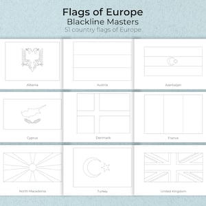 Bandera de EUROPA, Blackline Masters, 51 países de Europa, Tarjetas Montessori de los continentes, Geografía, PDF