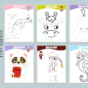 May include: Six black and white connect-the-dots activity sheets for kids. The sheets feature a dolphin, giraffe, pear, panda, pirate, and seahorse.