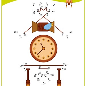 May include: A connect-the-dots activity for kids featuring a clock with a birdhouse on top. The clock has Roman numerals and a bird is perched on the birdhouse.