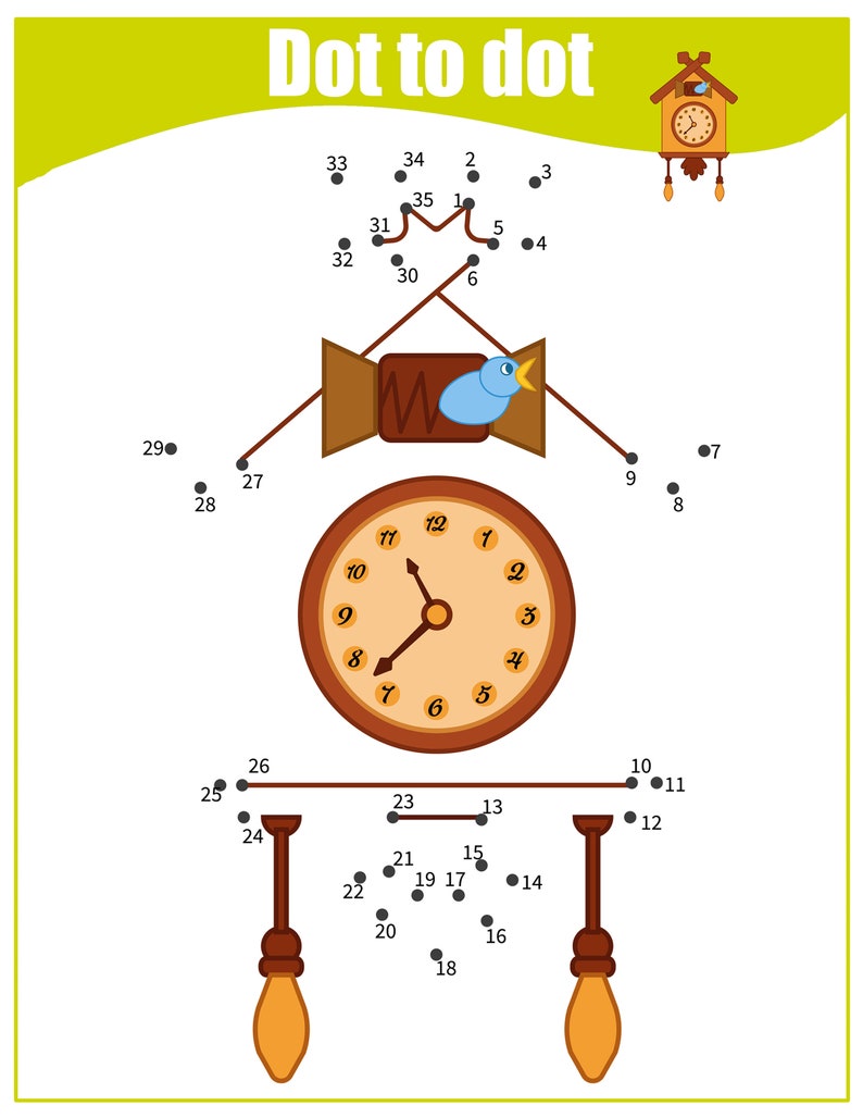 May include: A connect-the-dots activity for kids featuring a clock with a birdhouse on top. The clock has Roman numerals and a bird is perched on the birdhouse.