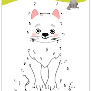May include: A connect-the-dots activity for kids featuring a cartoon white cat with pink ears and a black nose. The numbers 1 through 39 are scattered around the image, and the child must connect the dots in order to complete the picture.