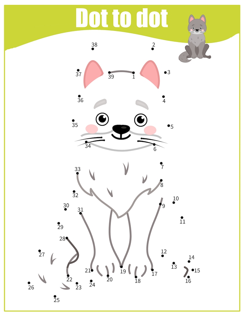 May include: A connect-the-dots activity for kids featuring a cartoon white cat with pink ears and a black nose. The numbers 1 through 39 are scattered around the image, and the child must connect the dots in order to complete the picture.